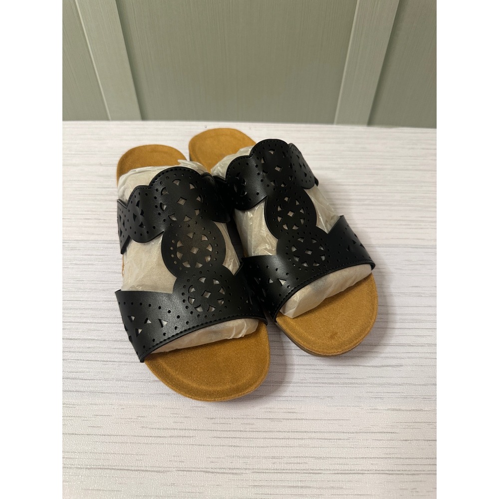 Easy Spirit Brixten 3 Black Laser Cut Slide Sandals Womens 6W Wide Comfort Wedge
